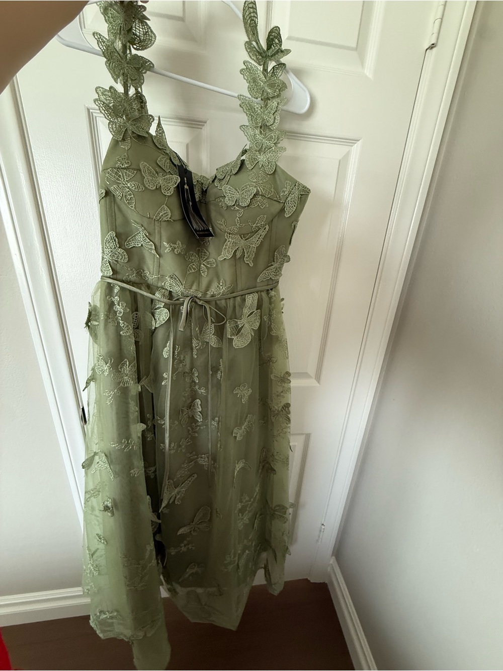 Olive Green Butterfly Appliqué Midi Dress